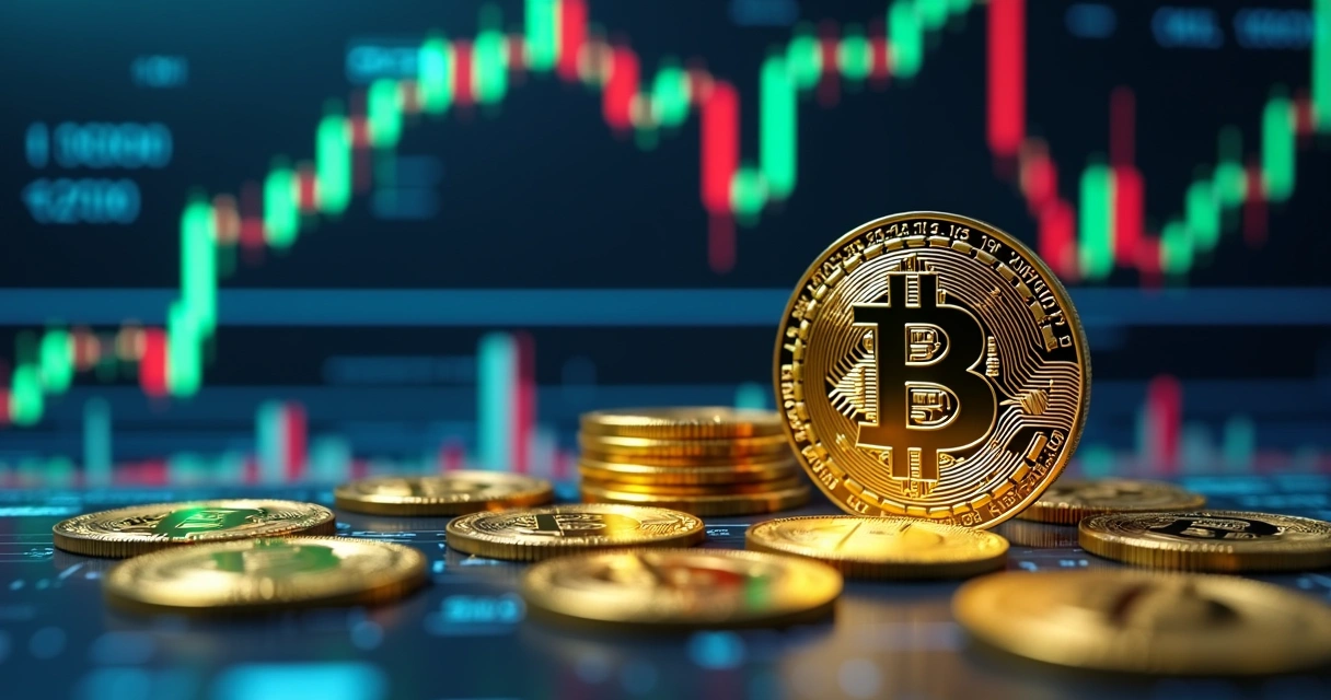 Gráfico digital do halving do bitcoin com moedas virtuais douradas e indicadores financeiros ao fundo 