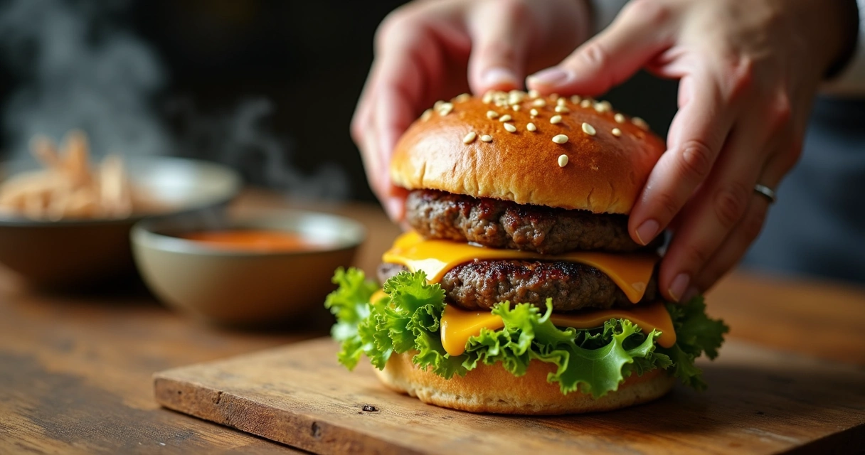 Close em hambúrguer sendo montado com pão, carne e queijo derretendo
