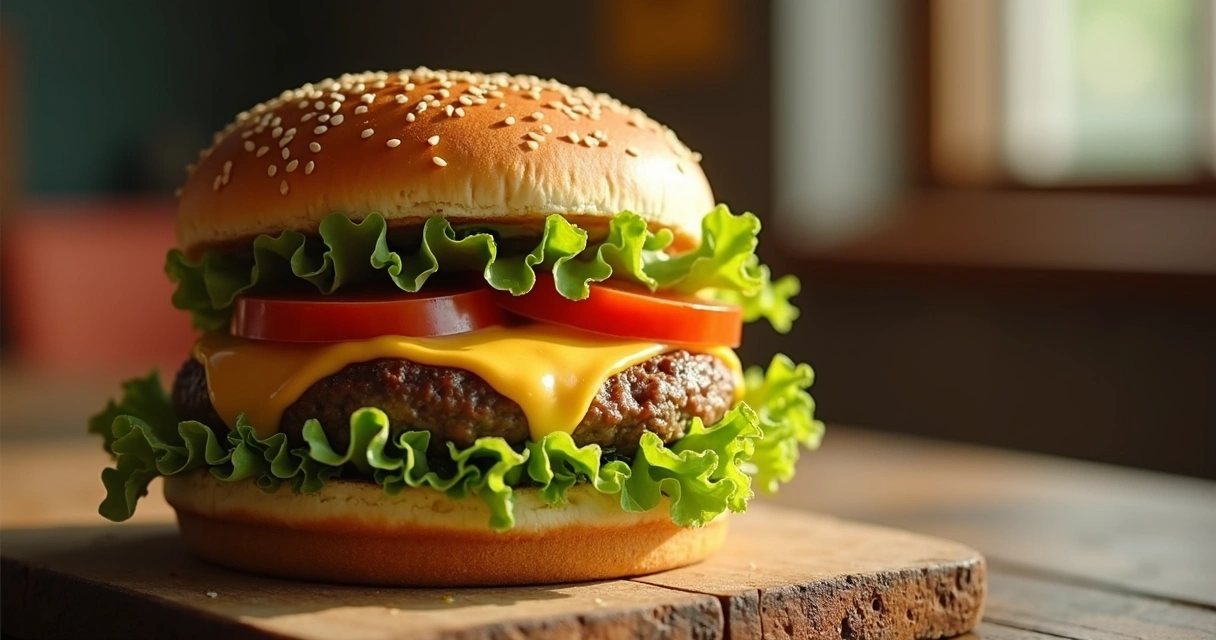 Hambúrguer suculento em mesa de madeira com fundo desfocado 