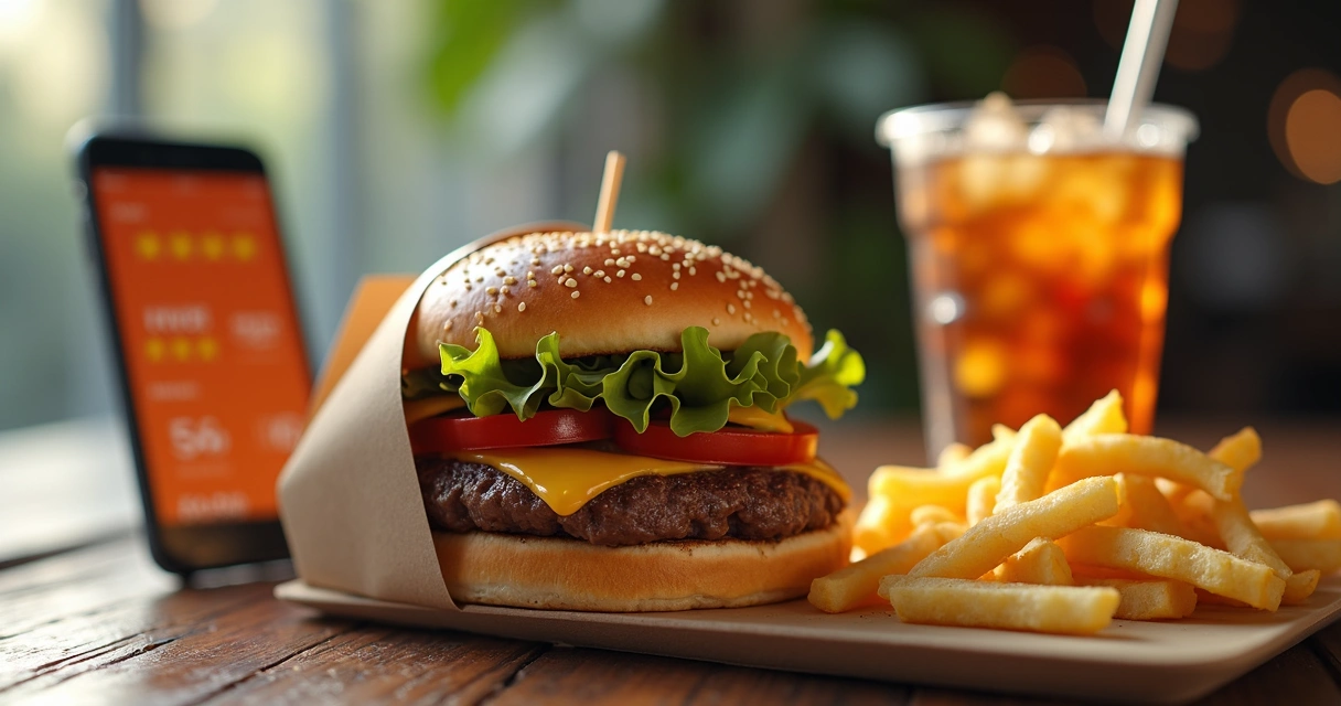 Hambúrguer artesanal em caprichosa embalagem de delivery sobre mesa de madeira 