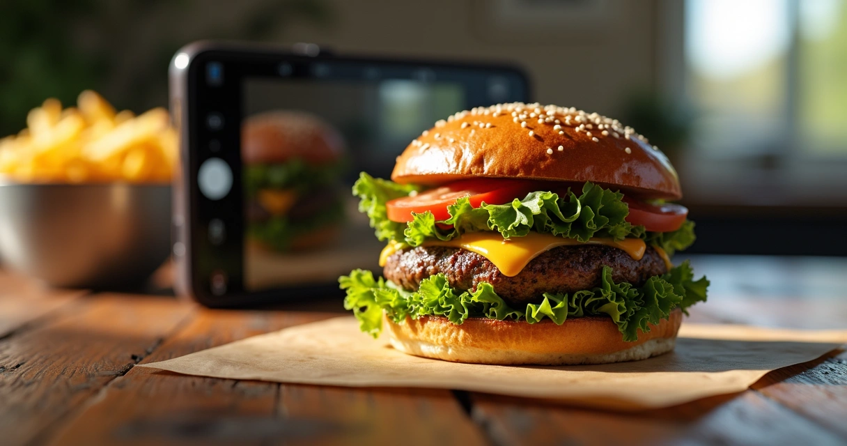 Foto de hambúrguer feita com celular em luz natural 