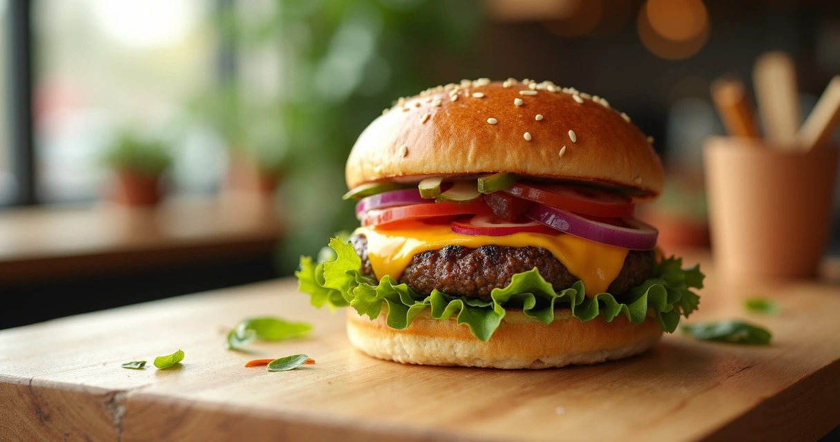 Hambúrguer artesanal montado em mesa de madeira clara com luz natural e fundo desfocado 