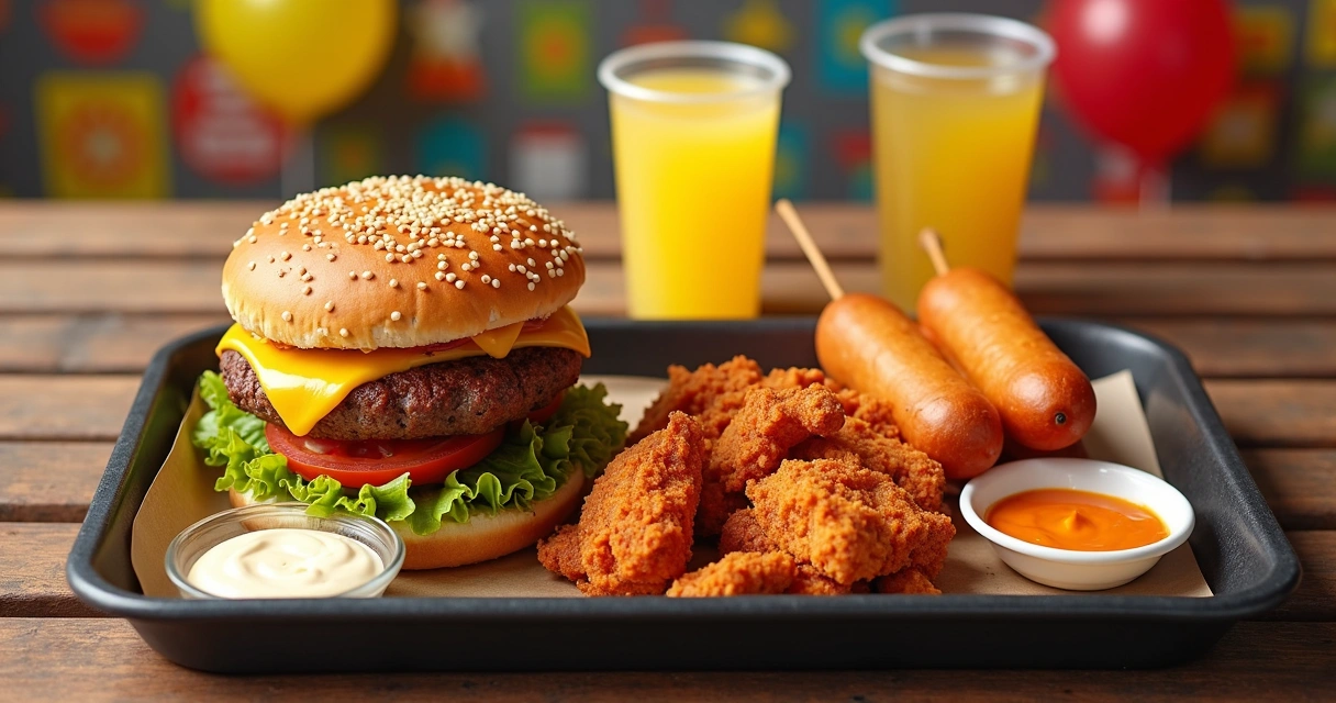 Lanches Fatburger, frango Buffalo's Express e Hot Dog on a Stick juntos em bandeja 