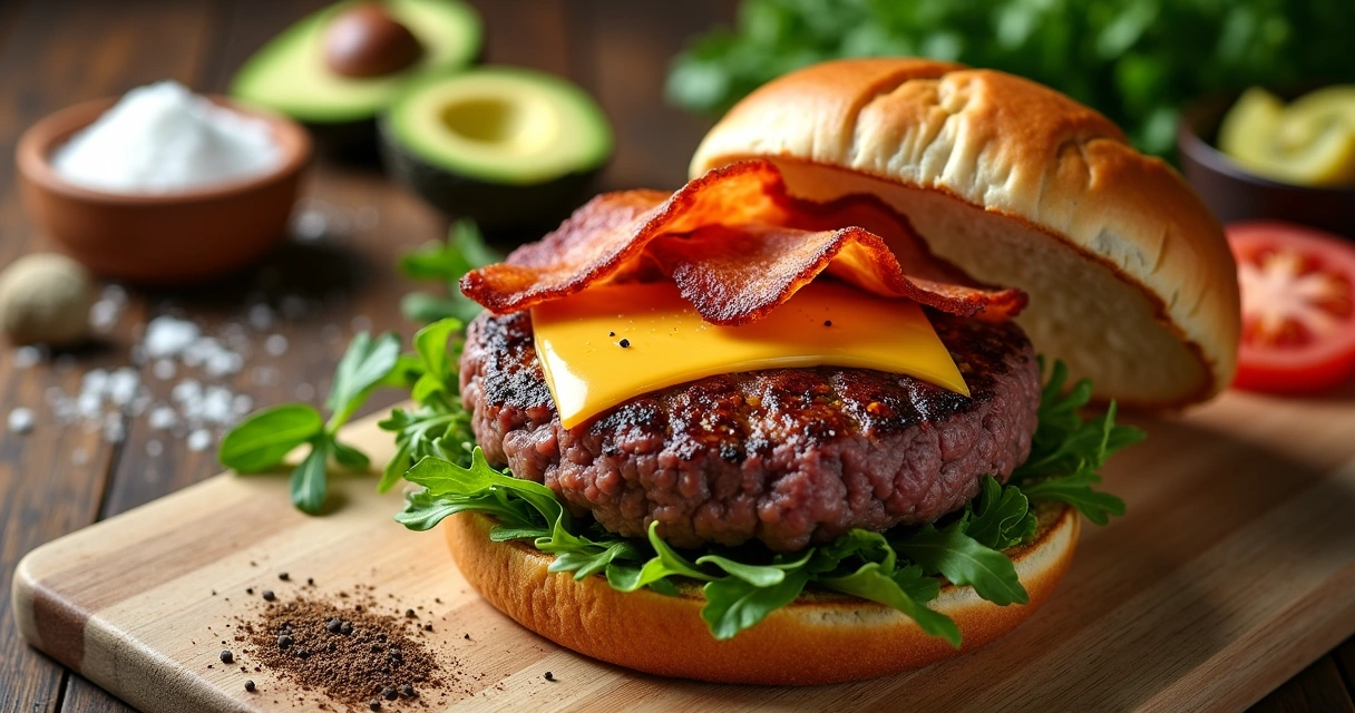 Hambúrguer gourmet com carne angus, queijo cheddar, bacon e guacamole em uma mesa de madeira.