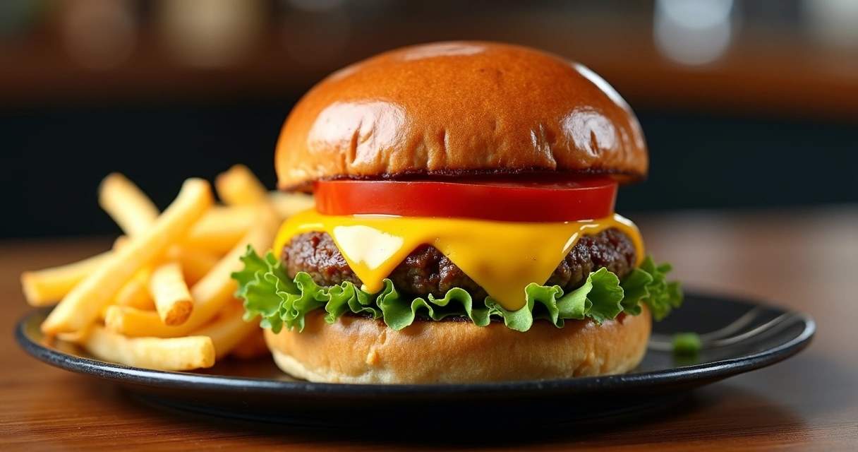 Hambúrguer gourmet bem iluminado com batatas ao lado 