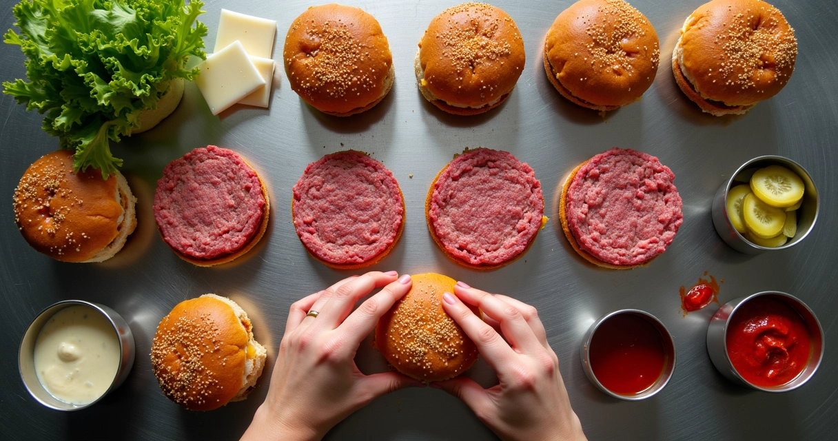 Ingredientes de smash burger organizados para montagem. 