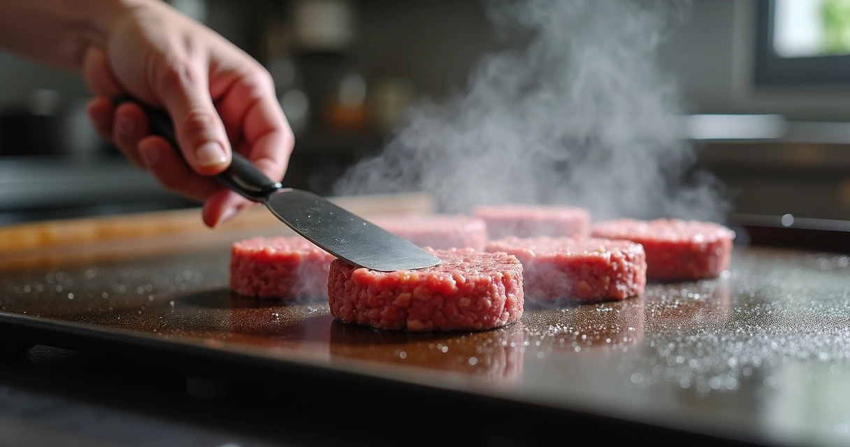 Smash burger sendo prensado na chapa esquenta. 