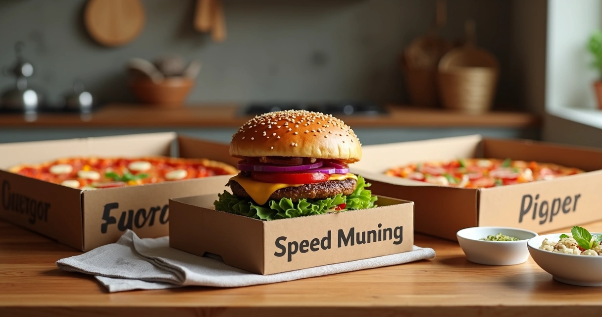 Hambúrguer, pizza e açaí em embalagens de delivery sobre uma bancada de cozinha. 