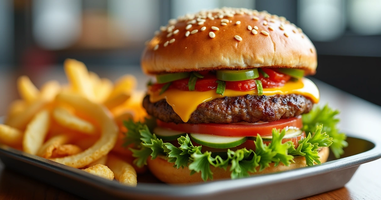 Hambúrguer proteico servido em bandeja de fast food 