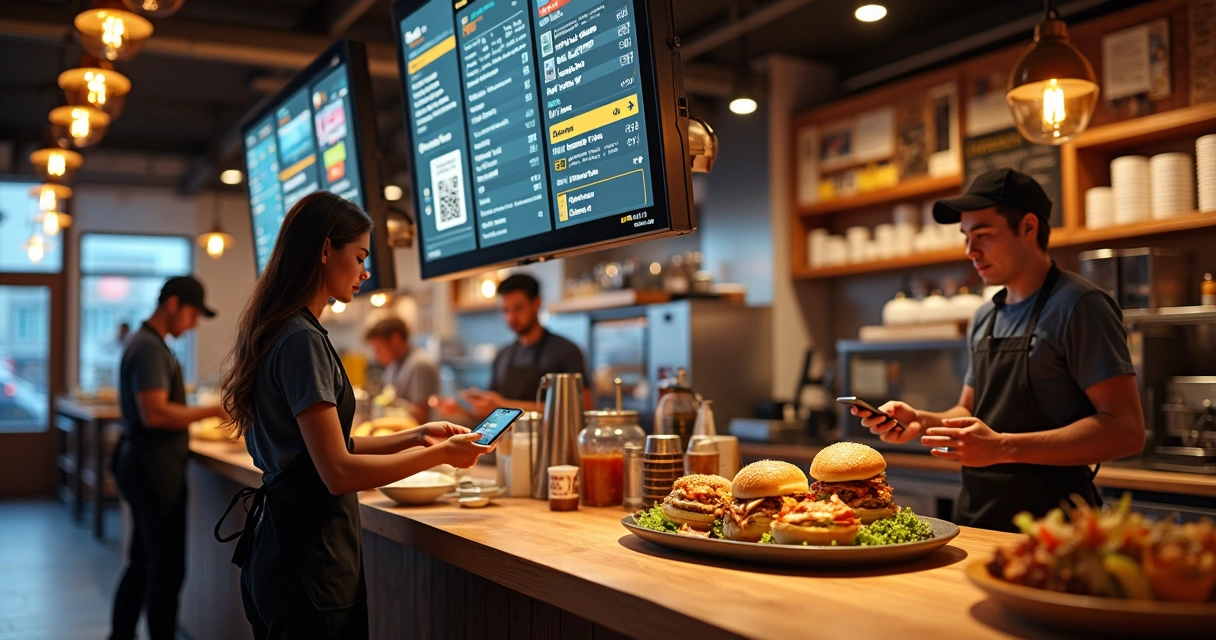 Hamburgueria moderna com painel digital de pedidos e equipe integrada 