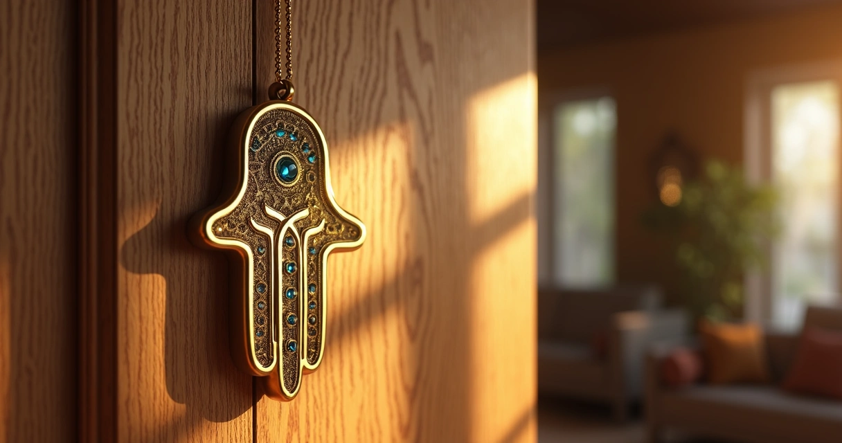 Hamsá dourada decorando uma porta 