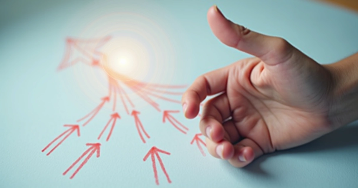 Mão em close-up próximo a pequenas setas divergentes desenhadas em uma superfície clara 
