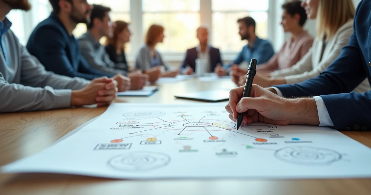 Person drawing a relational map with colored lines on a paper, connecting office workers 