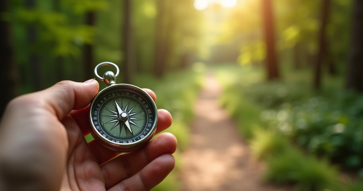 Close-up of a hand holding a compass pointing north on a hiking trail