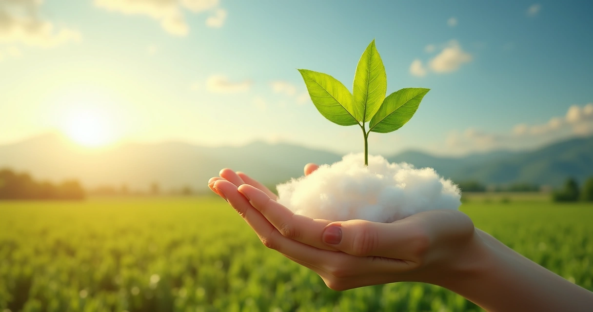 Hand holding a blossoming wand with green leaves against a bright background 