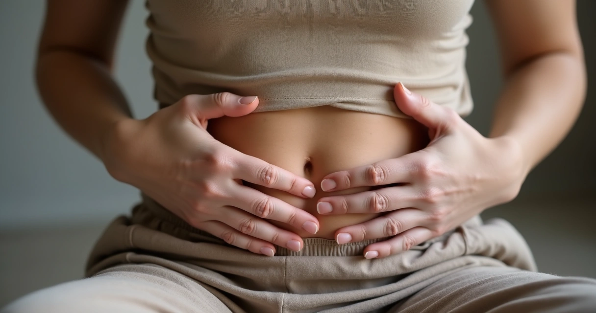 Close view of hands on lower ribs during quiet breathing 