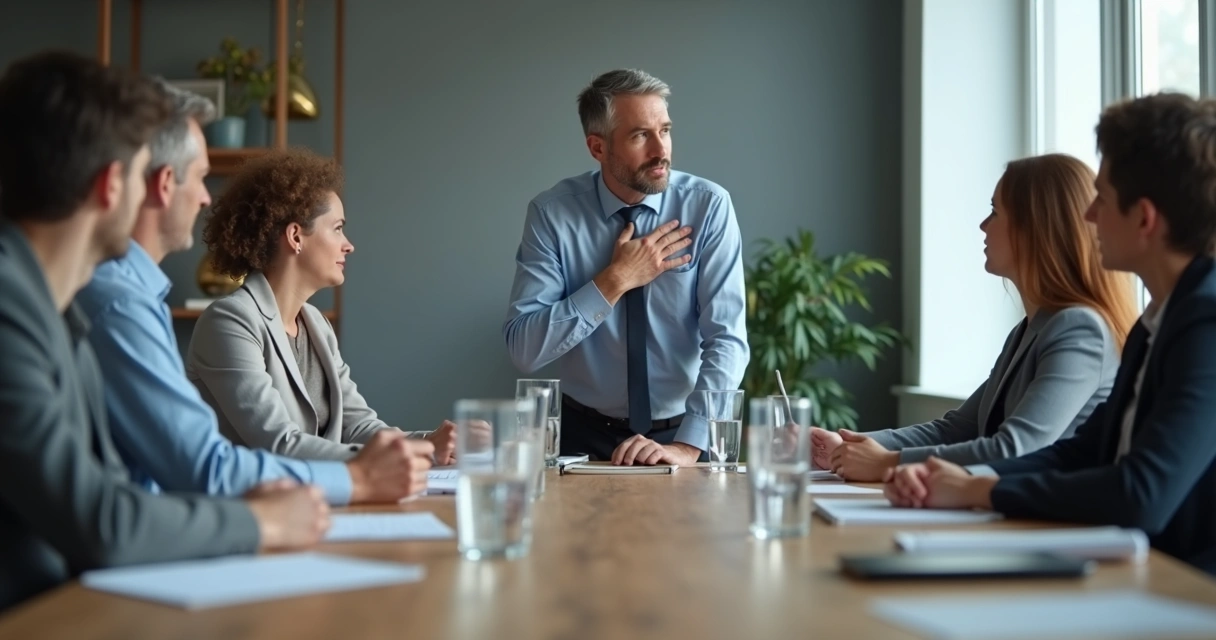 Person with hand over heart in a meeting