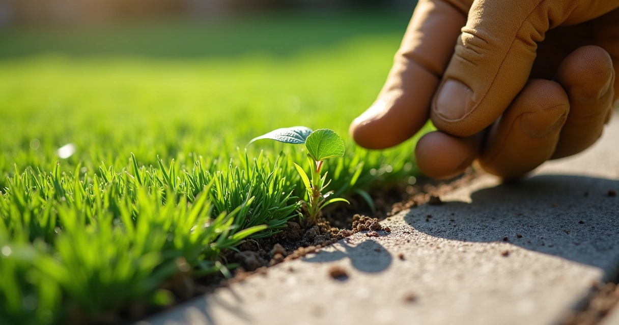 Hand removing a weed from turf and paver border 