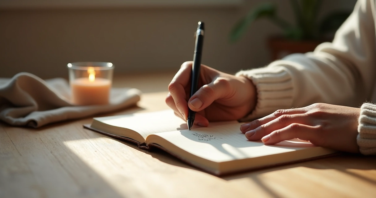 Hand writing in a journal with a calm reflective setting 