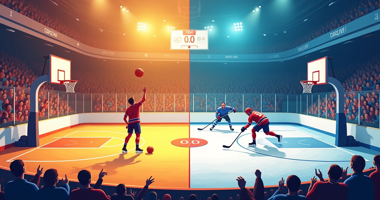 Ilustração vibrante com basquete e hóquei, destacando conceito de handicap asiático em apostas esportivas.