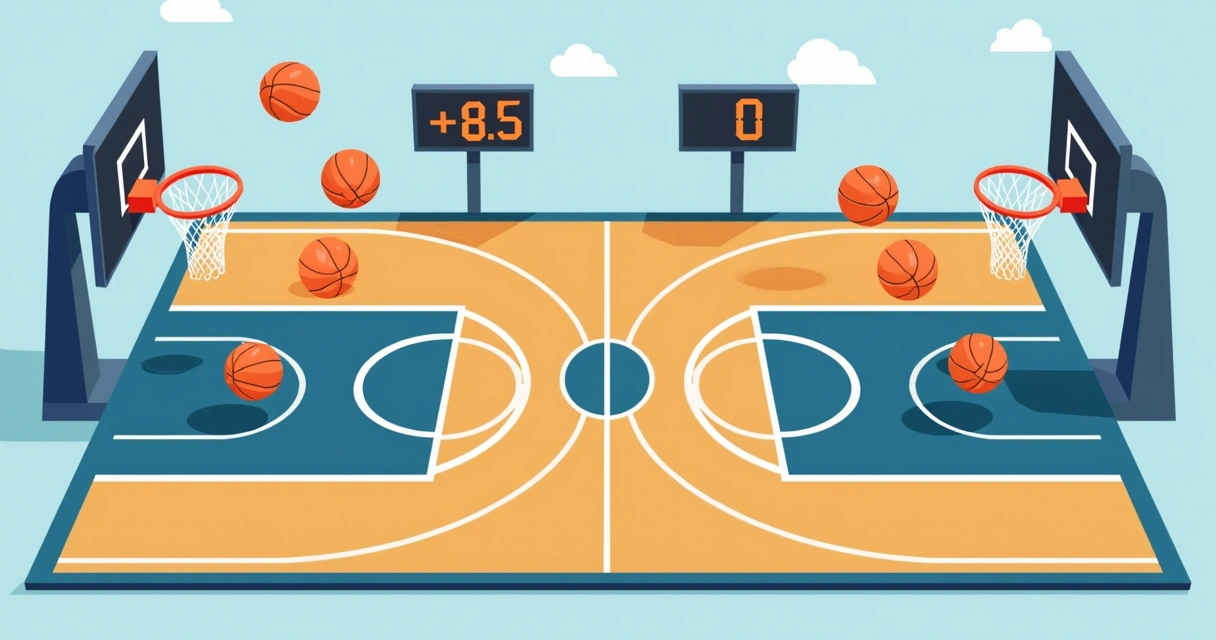 Quadra de basquete dividida com placares simulados por handicap. 