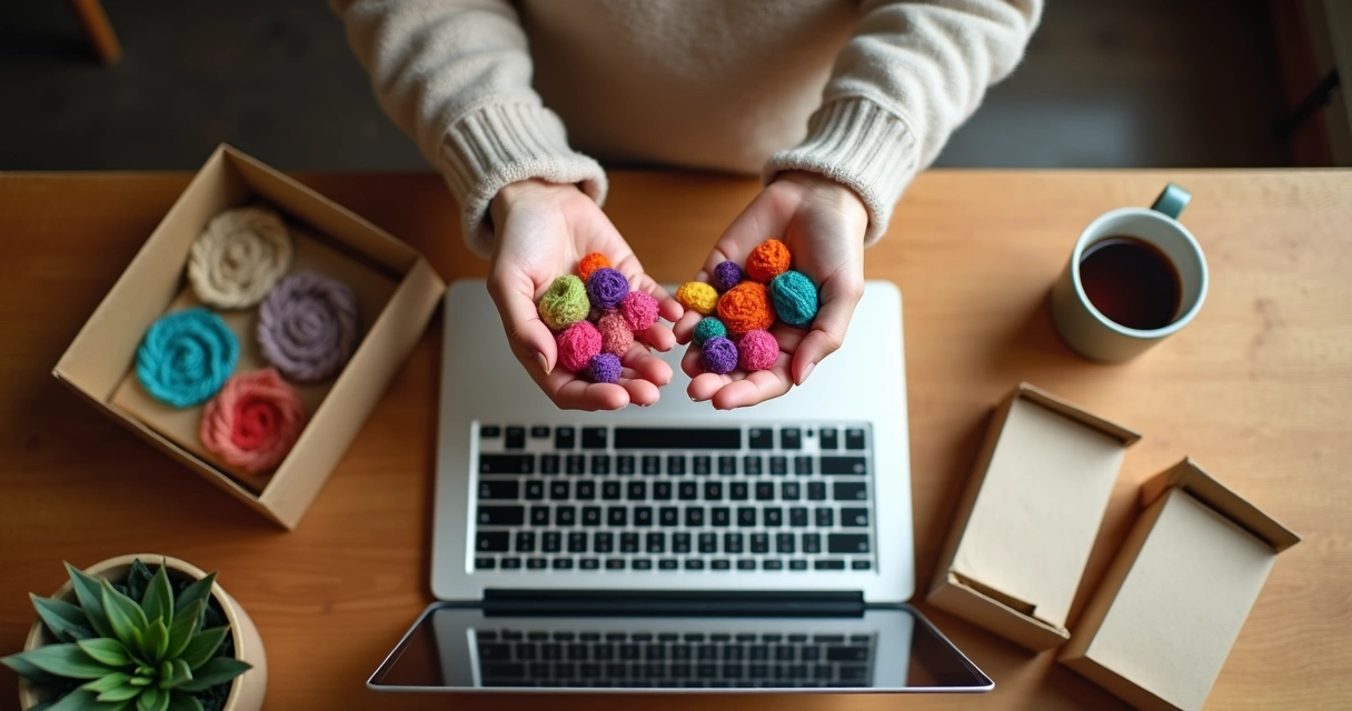 Hands displaying handmade crafts with laptop and shipping boxes on table 