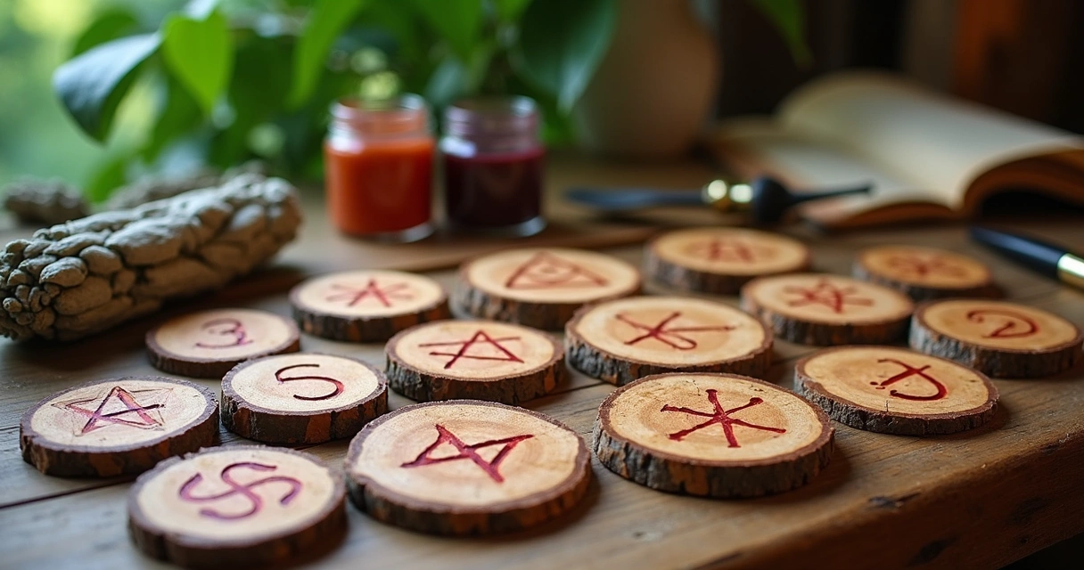 Handcrafted wooden rune set on table 