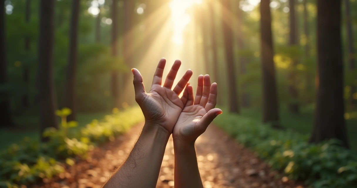 Three generations gently holding hands along a forest path 