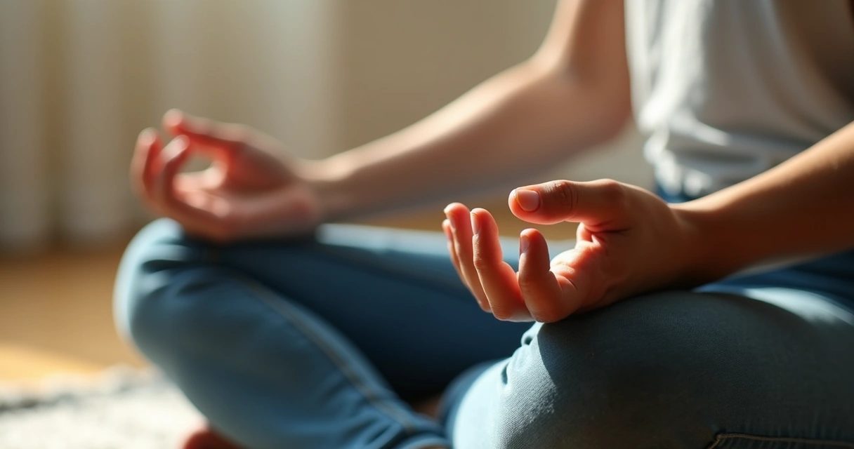 Close-up of hands resting calmly during a breathing pause 
