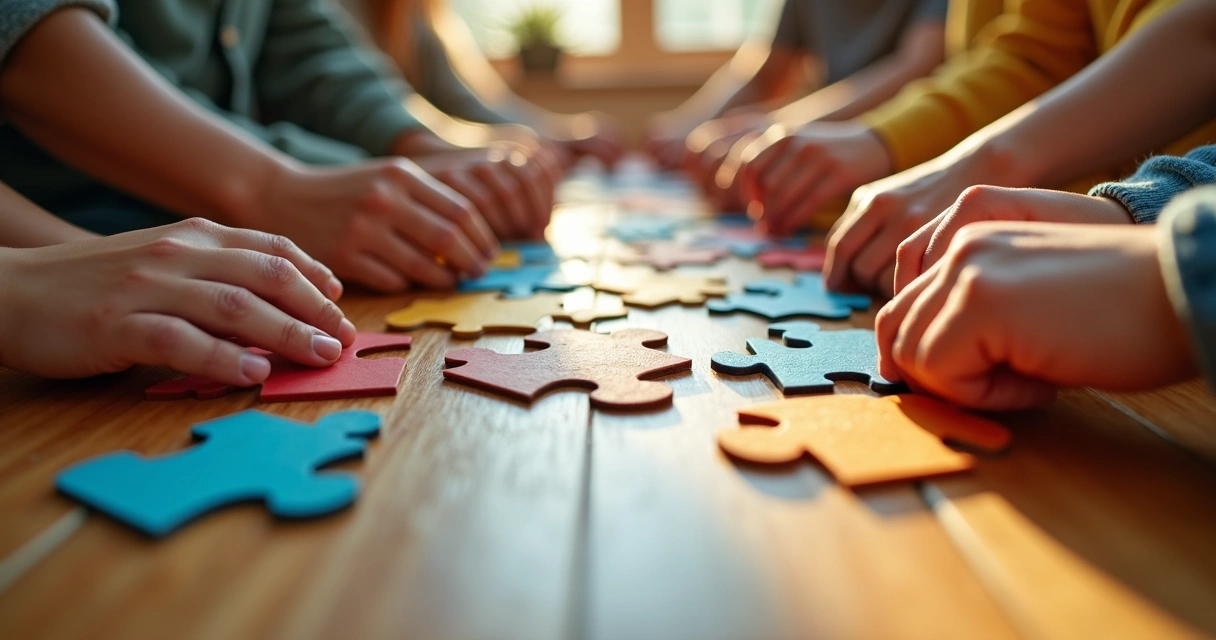 Several hands connecting puzzle pieces together on a table 