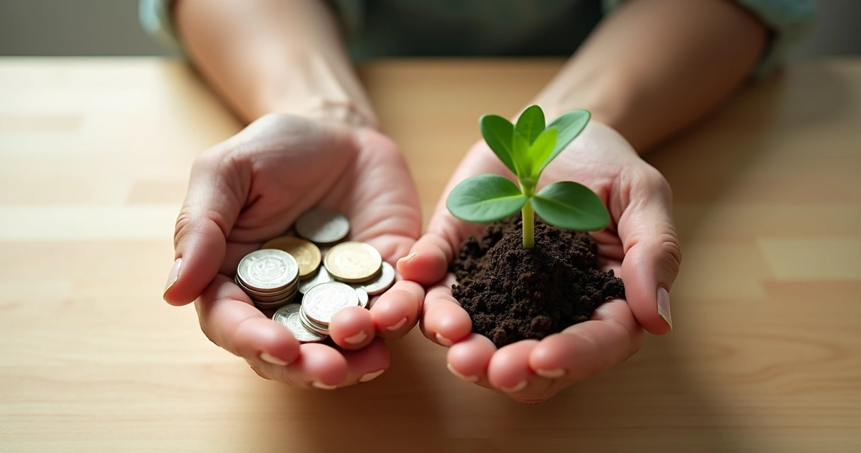 Hands holding coins beside a small plant shaped like a heart 