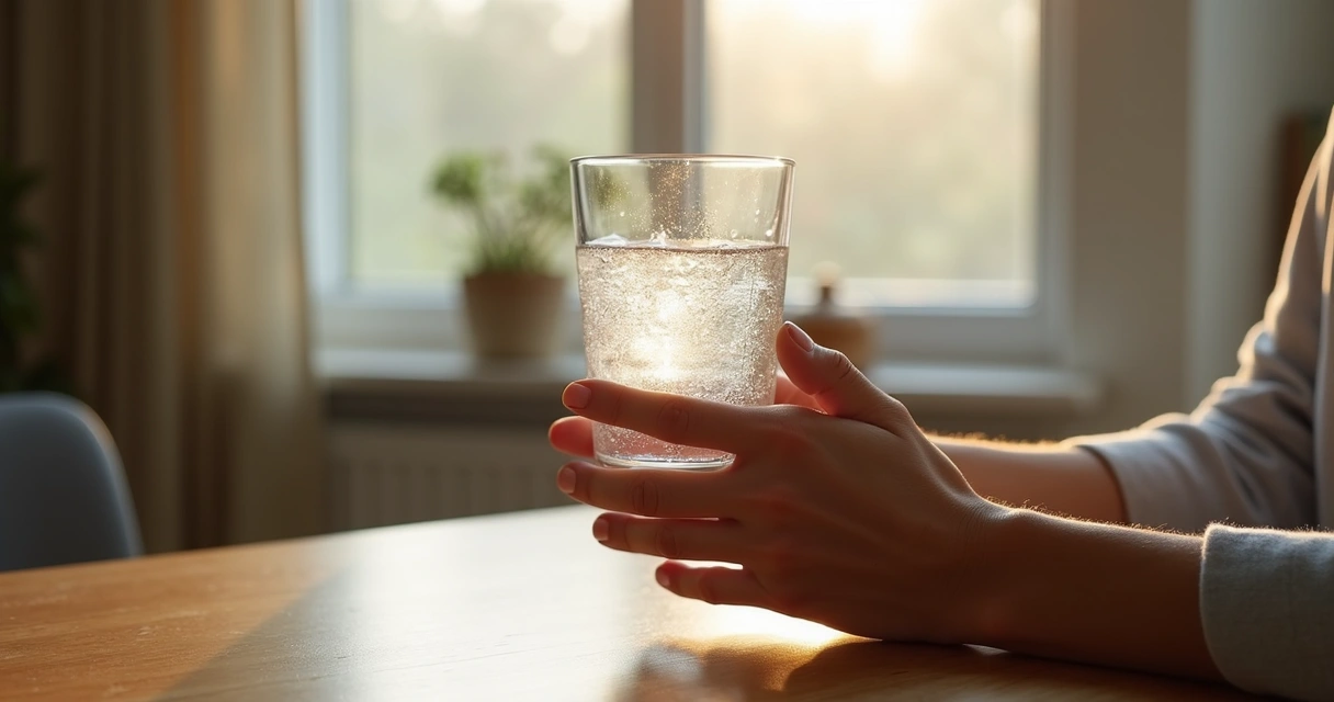 Hands holding a cold glass by a window