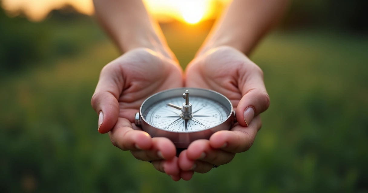 Hands holding a compass pointing forward 
