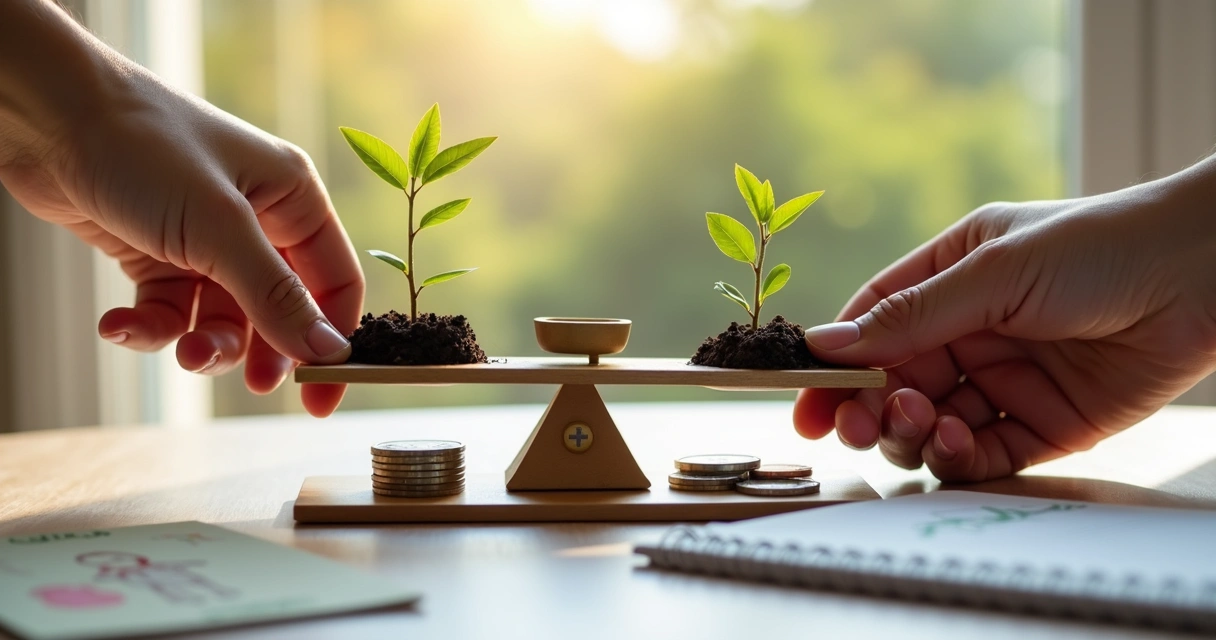 Hands holding balance scale beside coins and seedlings