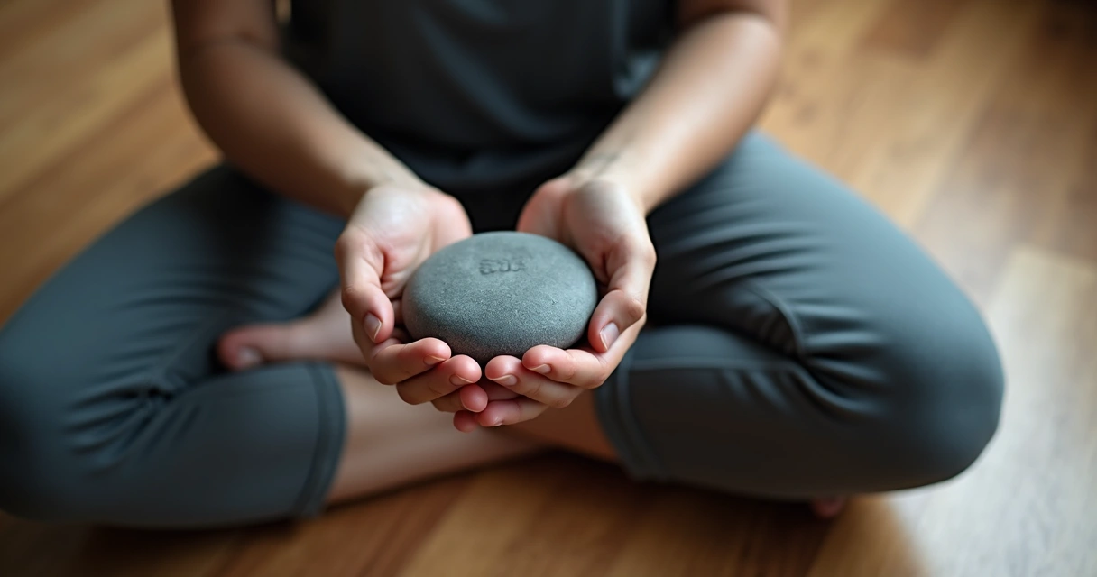 Hands holding a smooth stone while seated on the floor 