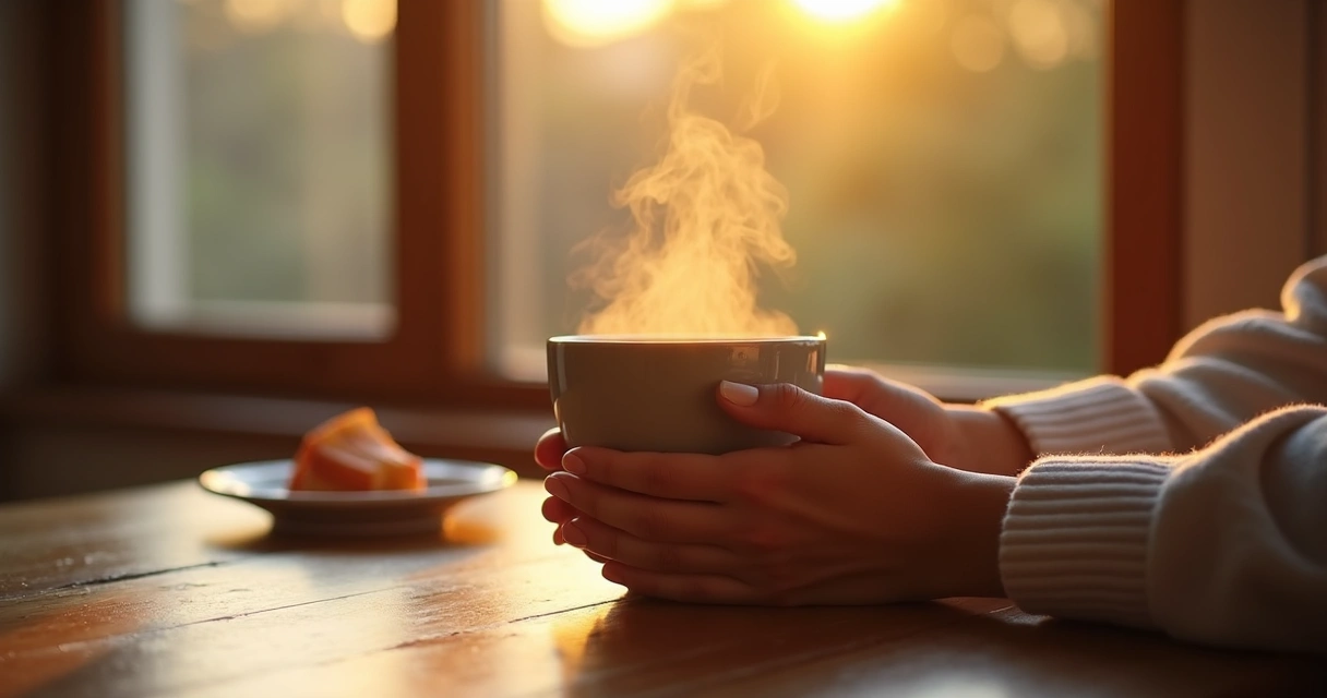 Hands holding a tea cup near a window in soft morning light 