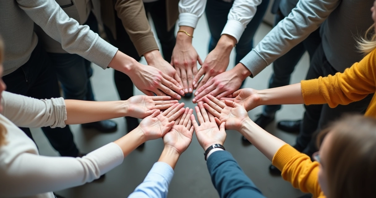 Employees stacking hands in the center showing unity and trust 