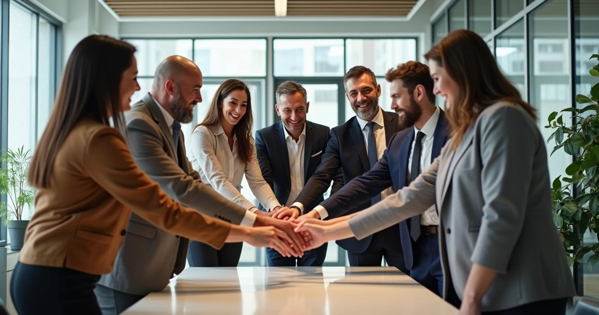 Hands from different team members joined together in a circle, showing collaboration. 
