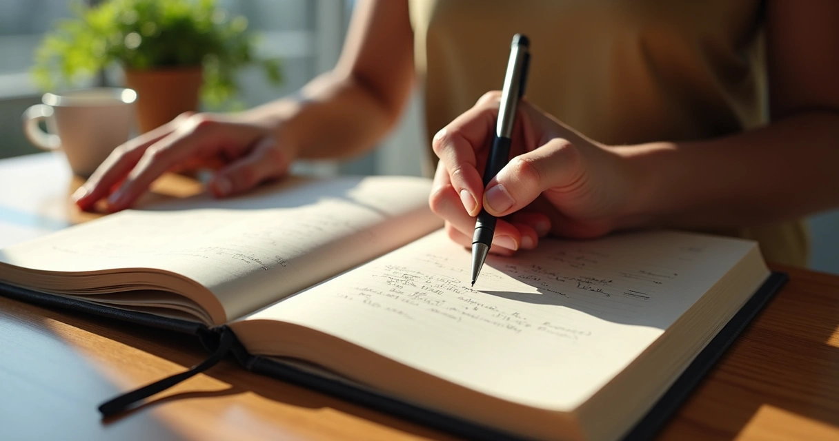 Hands writing observations in an open journal on a desk 