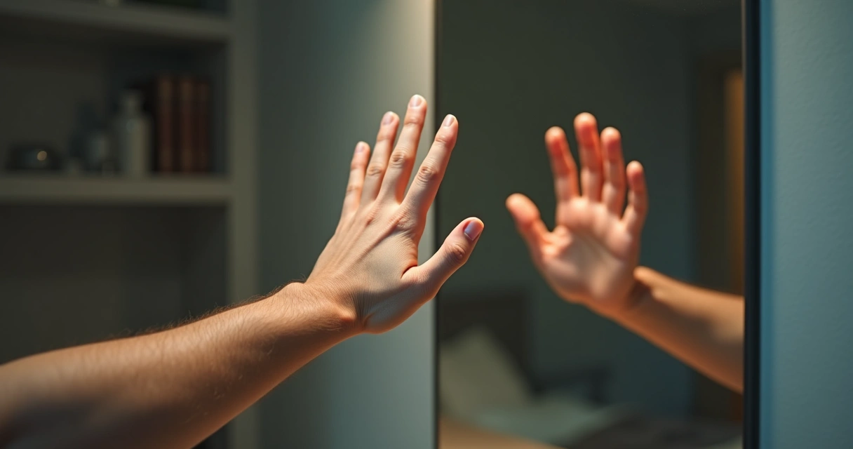Two hands reaching towards each other, one real and one only seen in a mirror. 