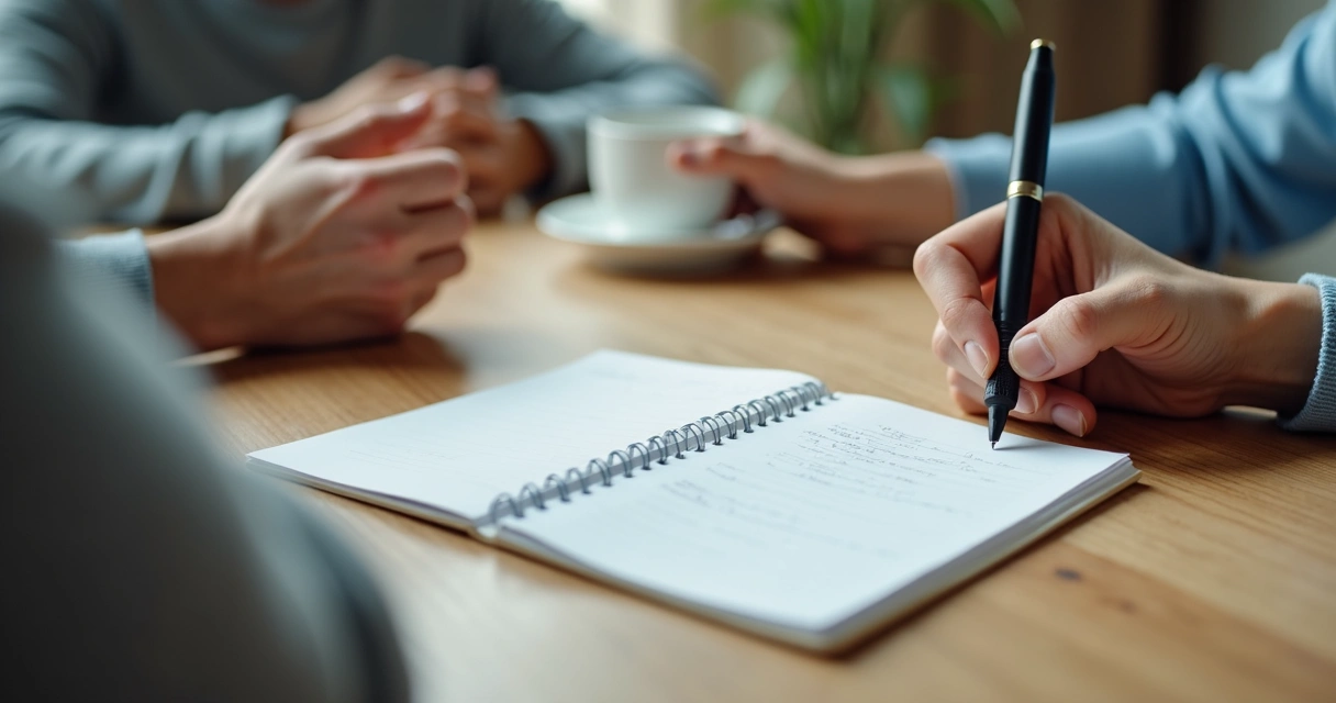 Open notebook beside two hands during a calm discussion