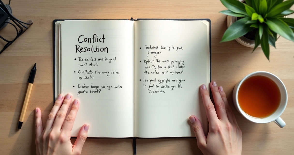 Notebook with conflict resolution notes beside calm hands 