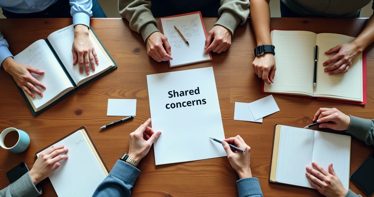 Hands, notes, and index cards on a meeting table