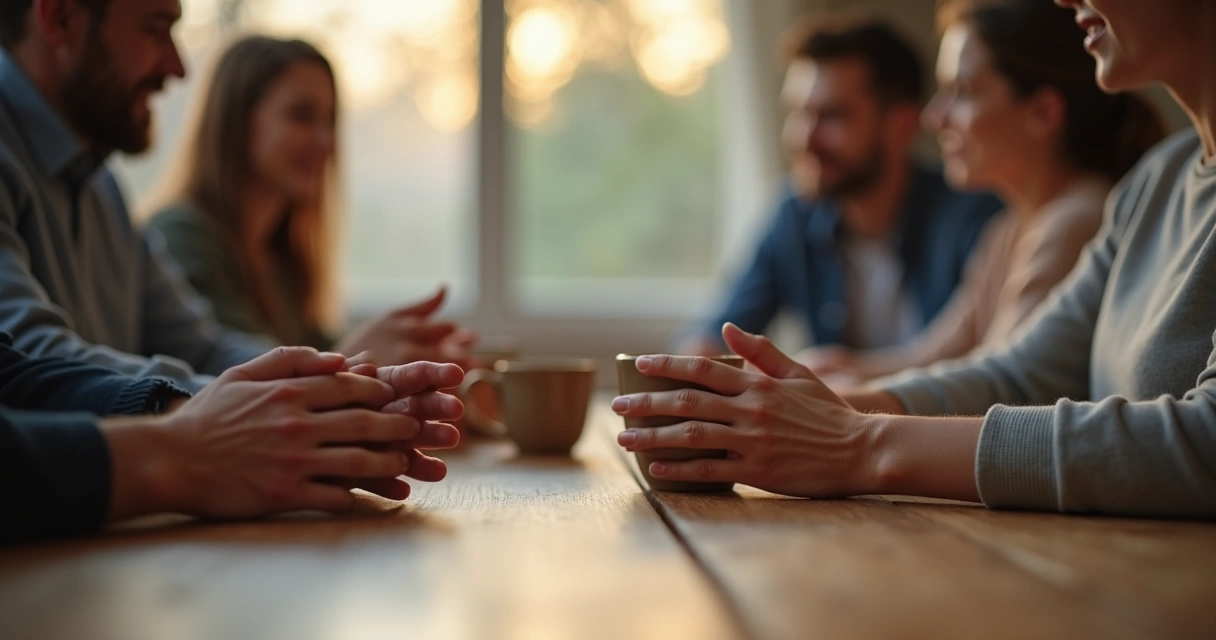 Close view of hands during a thoughtful family discussion at home