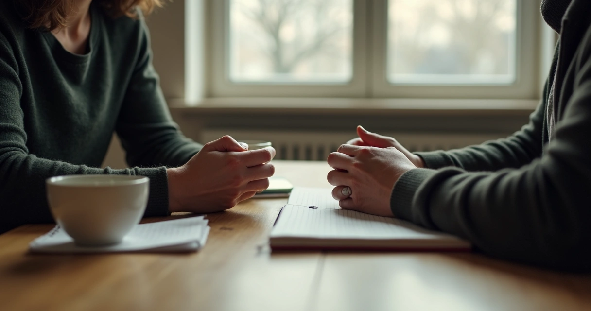 Two people sitting calmly with hands on a table during conflict