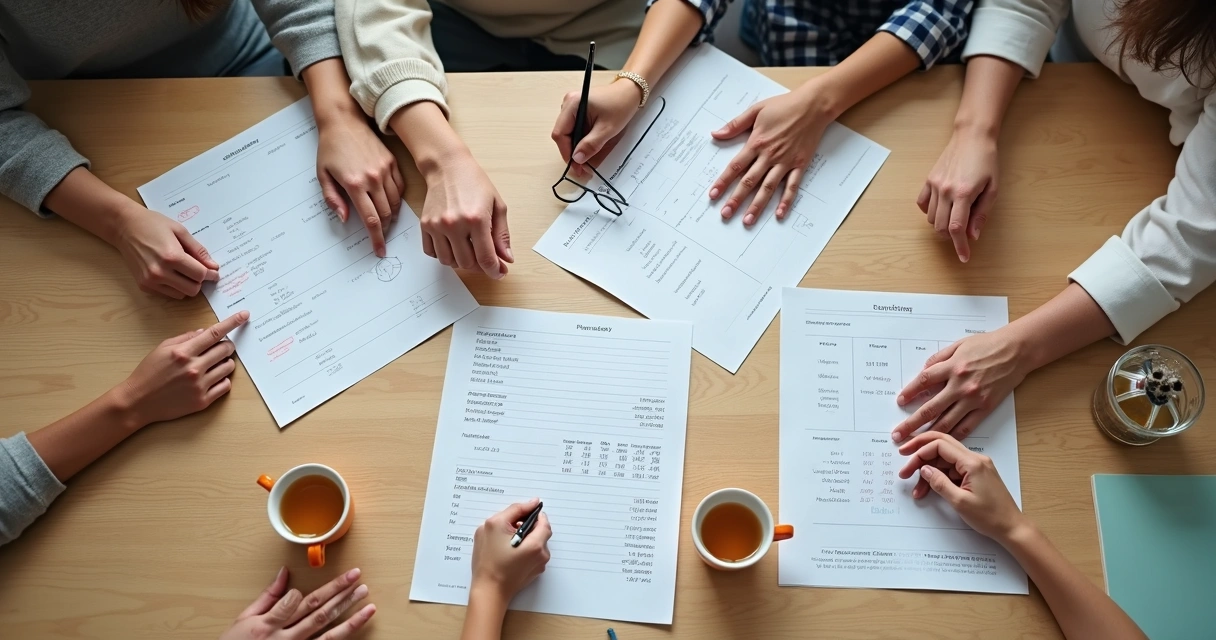 Hands around a table with budget notes and shared planning papers 