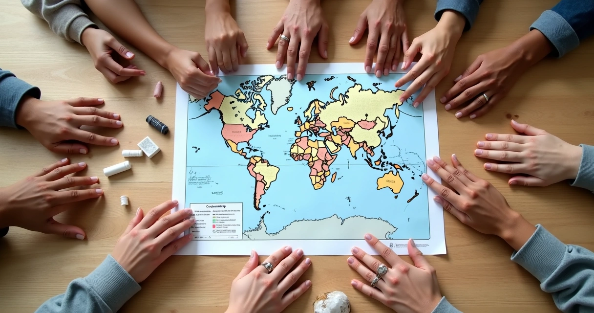 Several hands placed over a table with notes and a community map