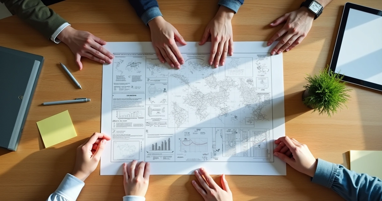 Hands gathered over a shared project map on a table