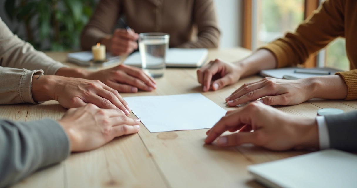 Hands gathered over a table during a shared intention meeting