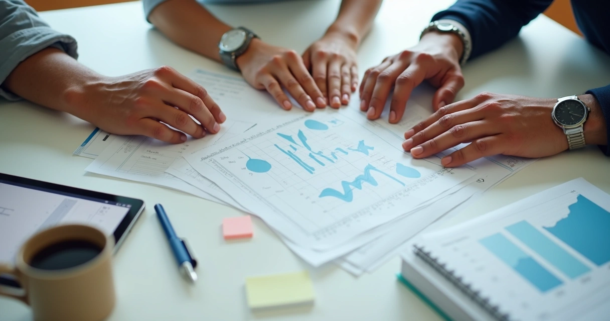 Hands overlapping above documents during a team planning session